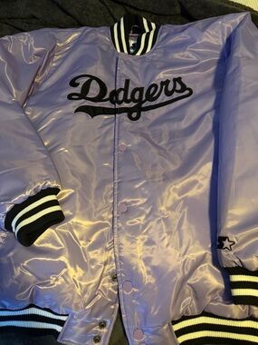 STARTER Dodgers Lavender Satin Bomber Jacket with Black Trim